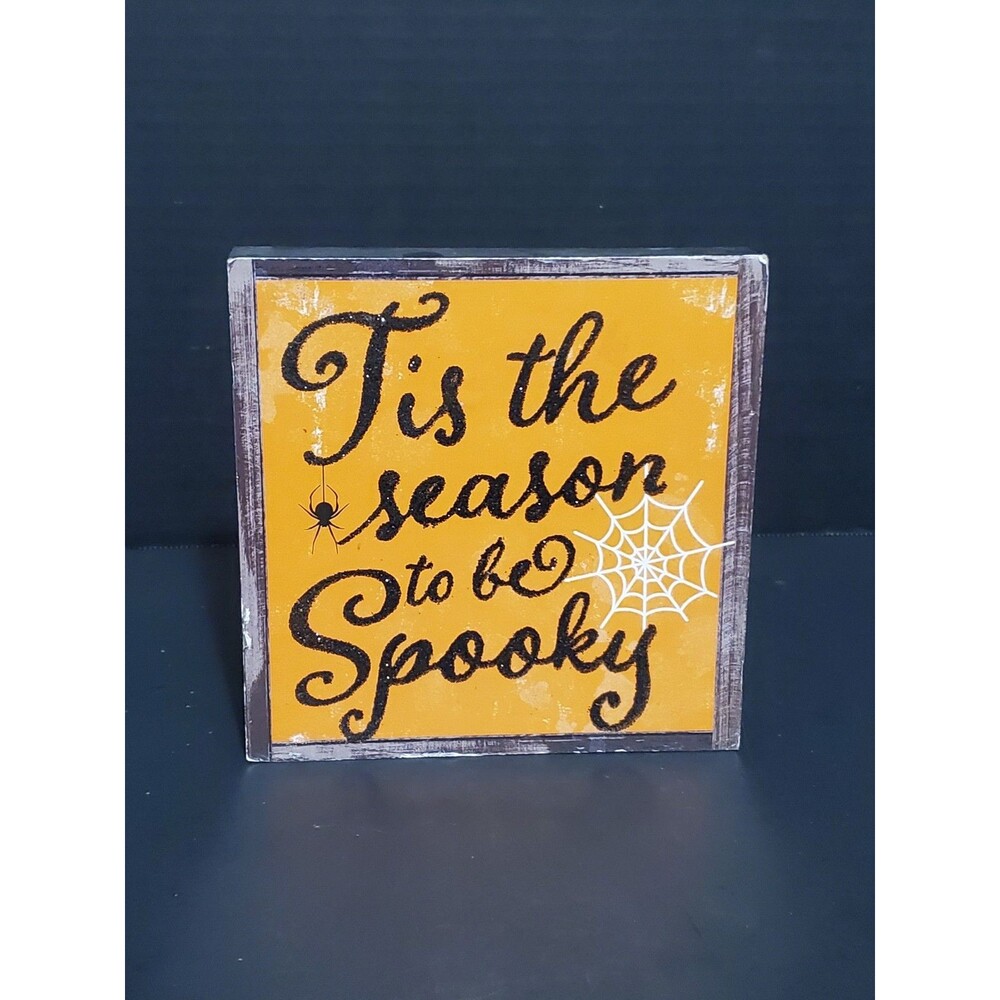 Halloween Fall Wood Block Sign Tis The Season To Be Spooky Glitter Cobweb Spider